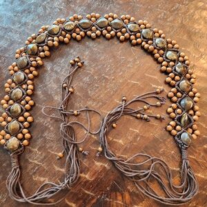 Vintage 70s Macramé Belt Wooden Beads and Tigers Eye Agate 69" BOHO Retro Hippie